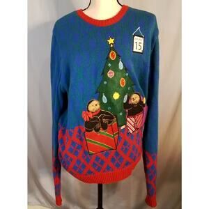 33 Degrees; Whimsical / funny Christmas and New Years blue and red sweater.